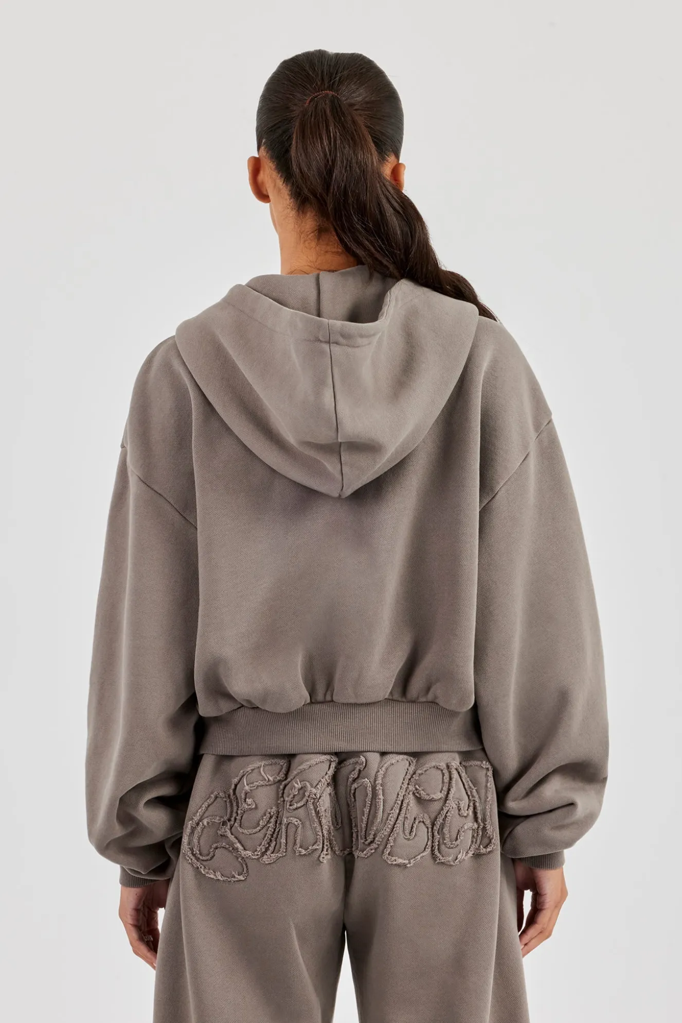 Washed Applique Logo Boxy Zip Through Hoodie - Grey