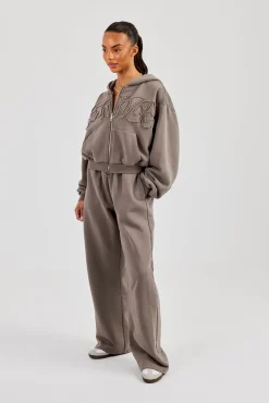Washed Applique Logo Boxy Zip Through Hoodie - Grey