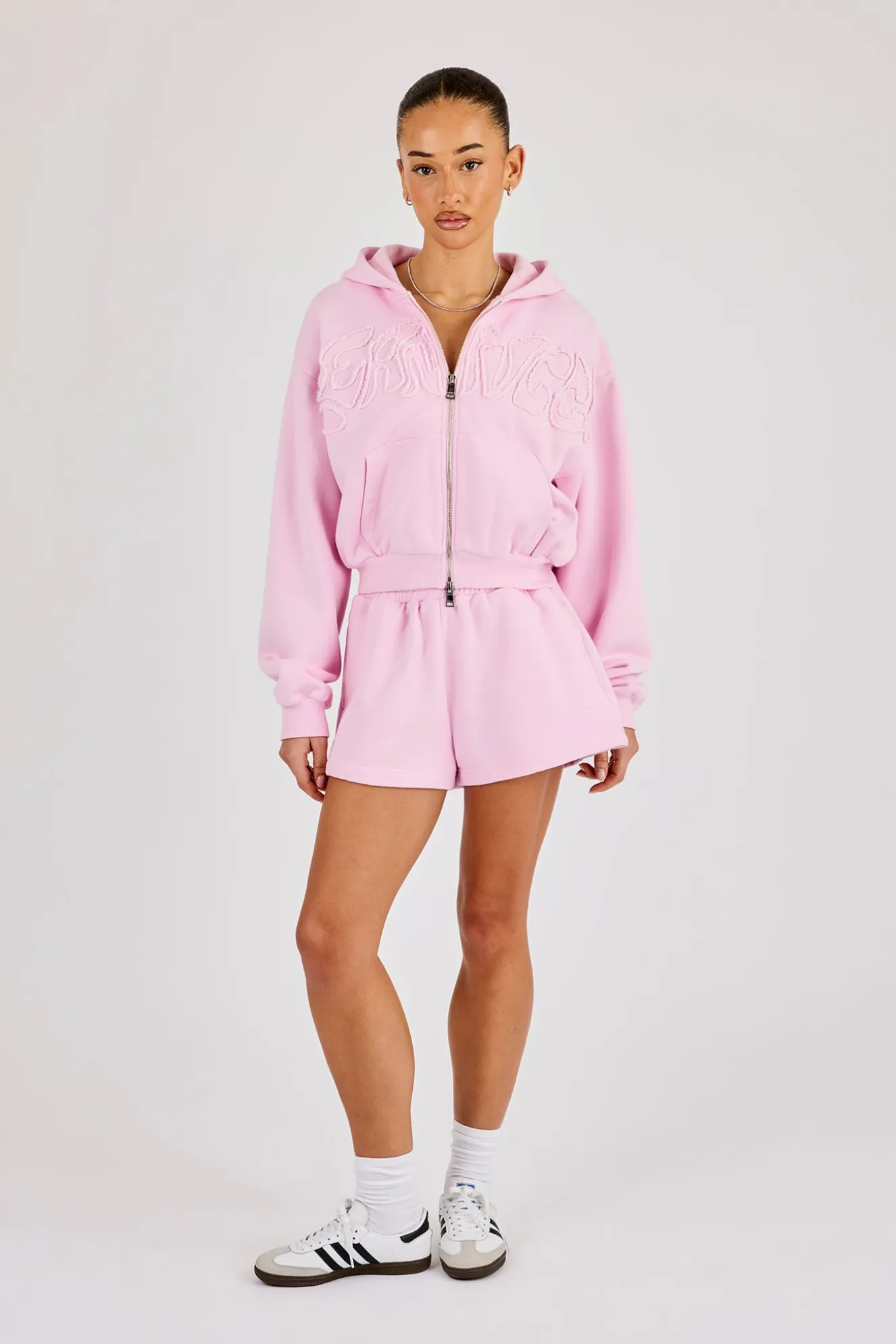 Washed Applique Logo Boxy Zip Through Hoodie & Short - Light Pink