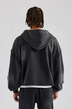 Washed Applique Zip Through Boxy Hoodie - Acid Wash
