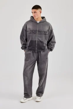 Washed Applique Zip Through Hoodie & Relaxed Jogger - Grey