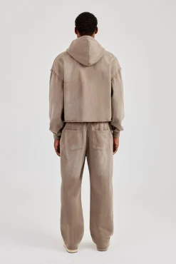 Washed Applique Zip Through Hoodie & Relaxed Jogger - Brown