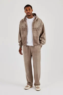Washed Applique Zip Through Hoodie & Relaxed Jogger - Brown