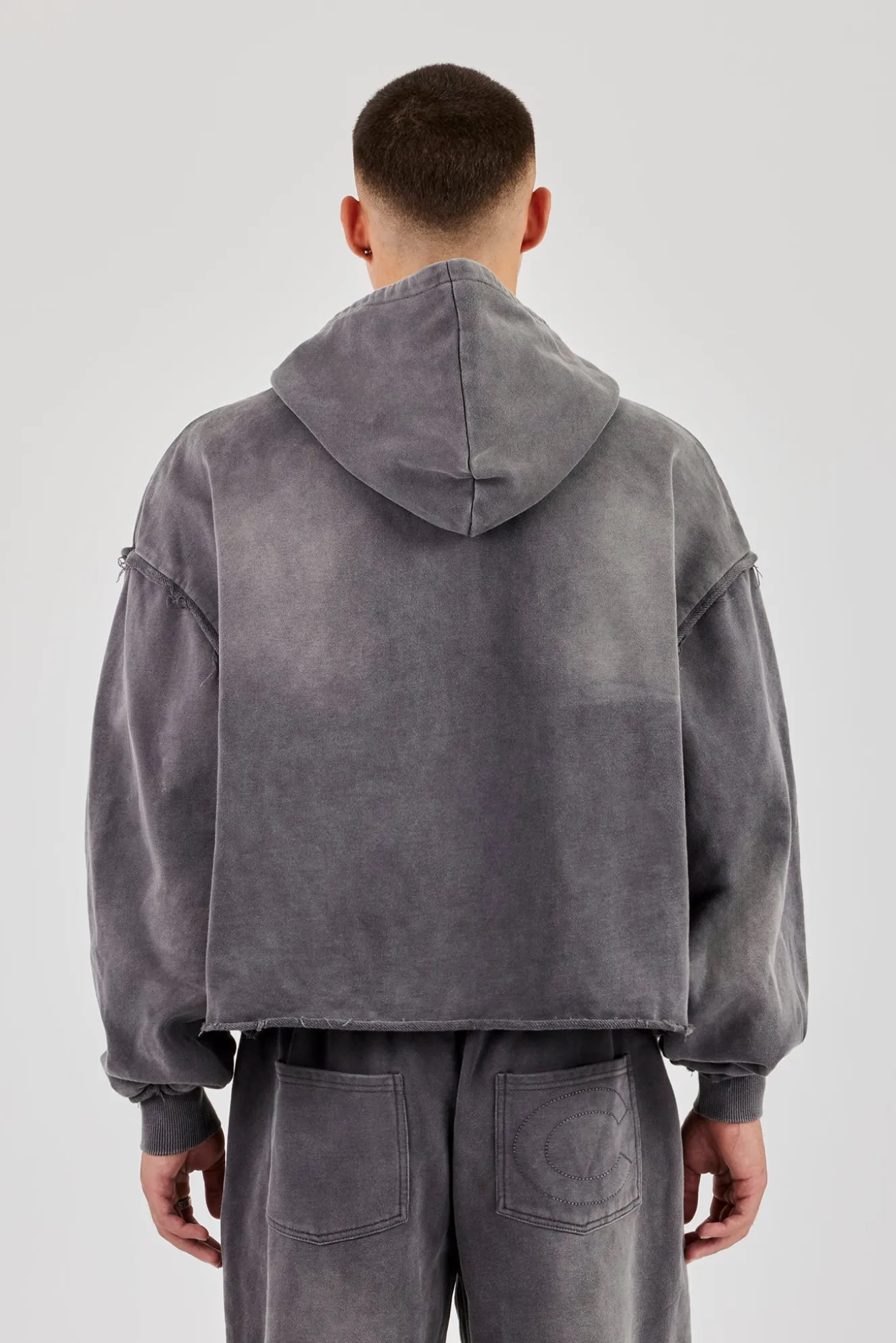 Washed Applique Zip Through Hoodie - Grey