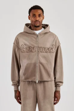 Washed Applique Zip Through Hoodie - Brown