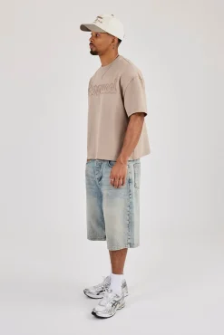 Washed Boxy Embroidered T-Shirt - Washed Stone