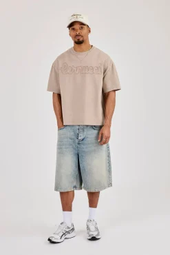 Washed Boxy Embroidered T-Shirt - Washed Stone
