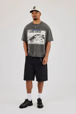 Washed Boxy Fit Moto Graphic T-Shirt - Charcoal