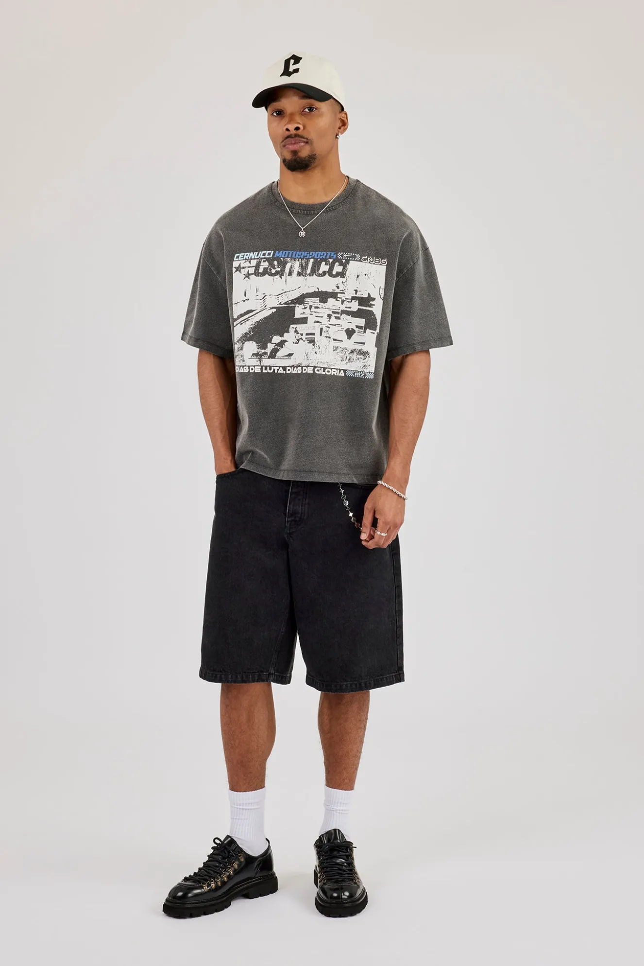 Washed Boxy Fit Moto Graphic T-Shirt - Charcoal