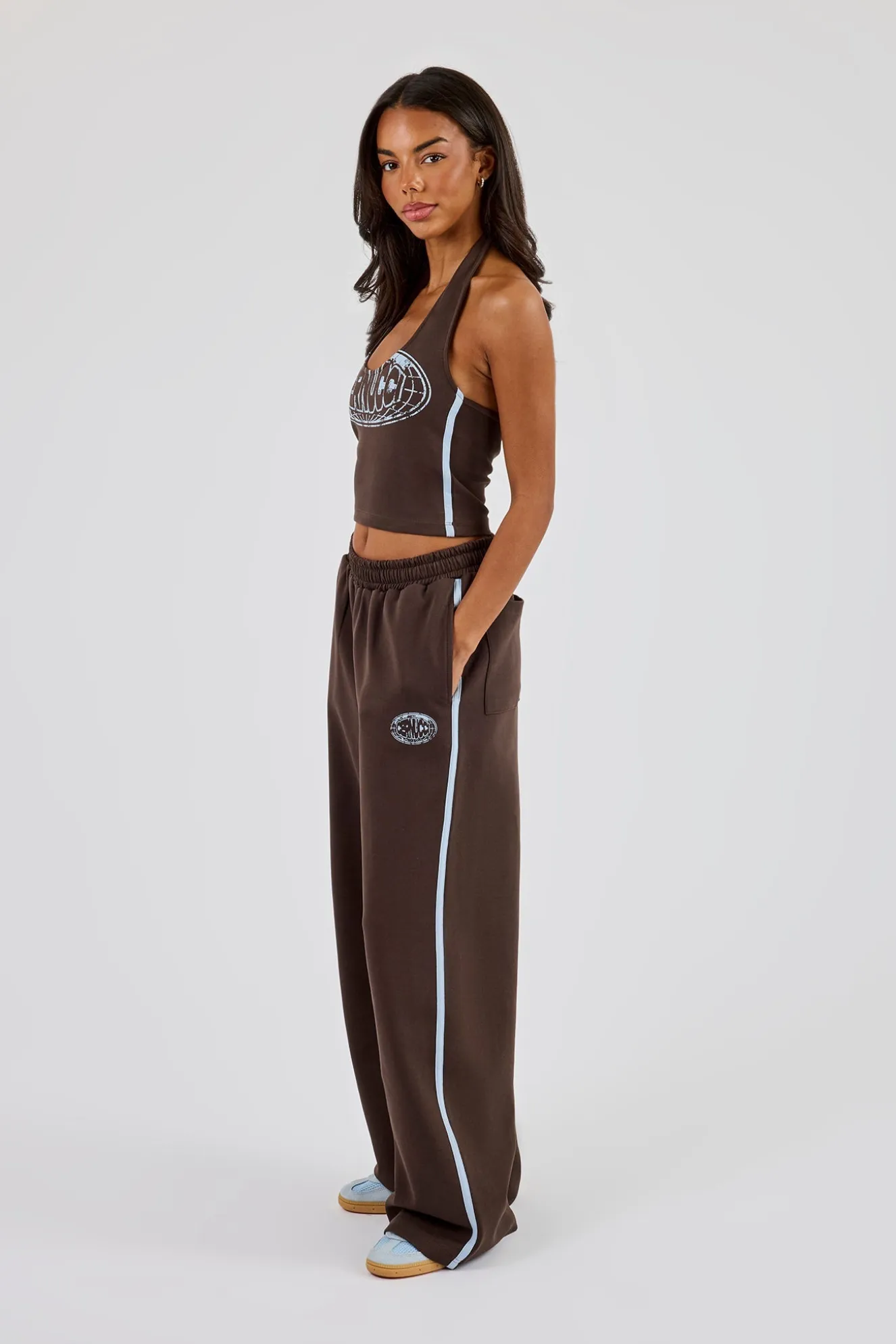 Washed Distressed Logo Halterneck Top & Wide Leg Jogger With Print - Dark Brown