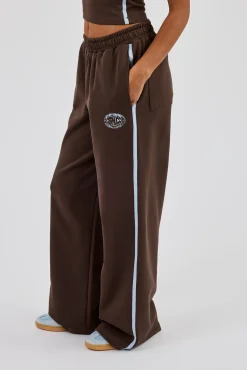Washed Distressed Logo Halterneck Top & Wide Leg Jogger With Print - Dark Brown