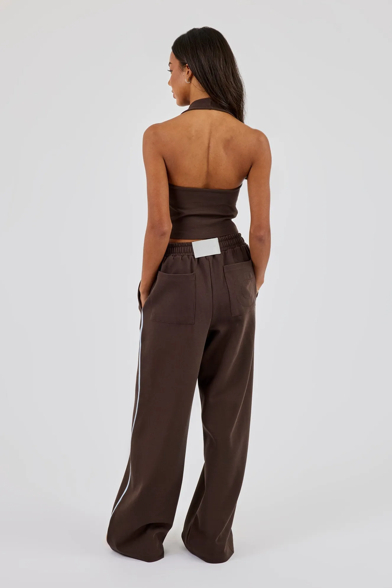 Washed Distressed Logo Halterneck Top & Wide Leg Jogger With Print - Dark Brown
