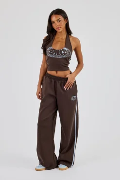 Washed Distressed Logo Halterneck Top - Dark Brown