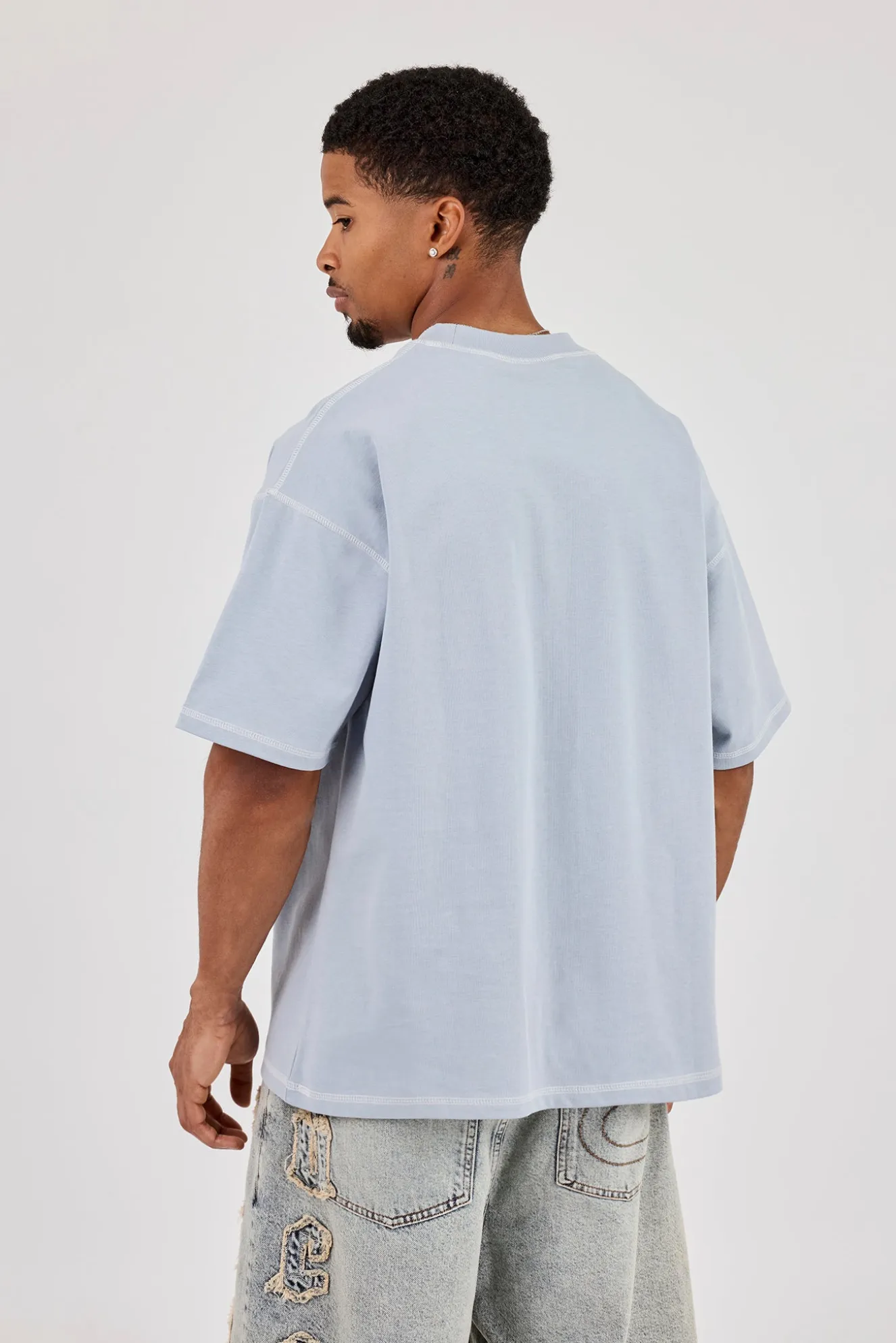 Washed Oversized Cherub Print T-Shirt - Blue