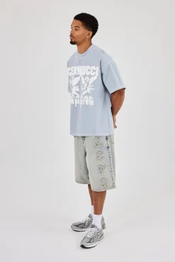 Washed Oversized Cherub Print T-Shirt - Blue