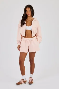 Washed Super Cropped Distressed Hoodie & Jersey Short - Dusty Pink