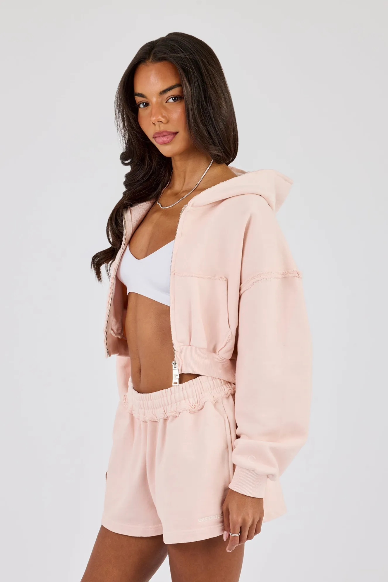 Washed Super Cropped Distressed Hoodie - Dusty Pink