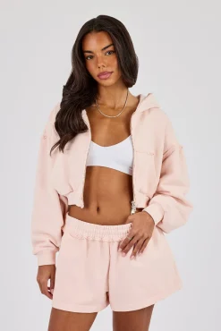 Washed Super Cropped Distressed Hoodie - Dusty Pink