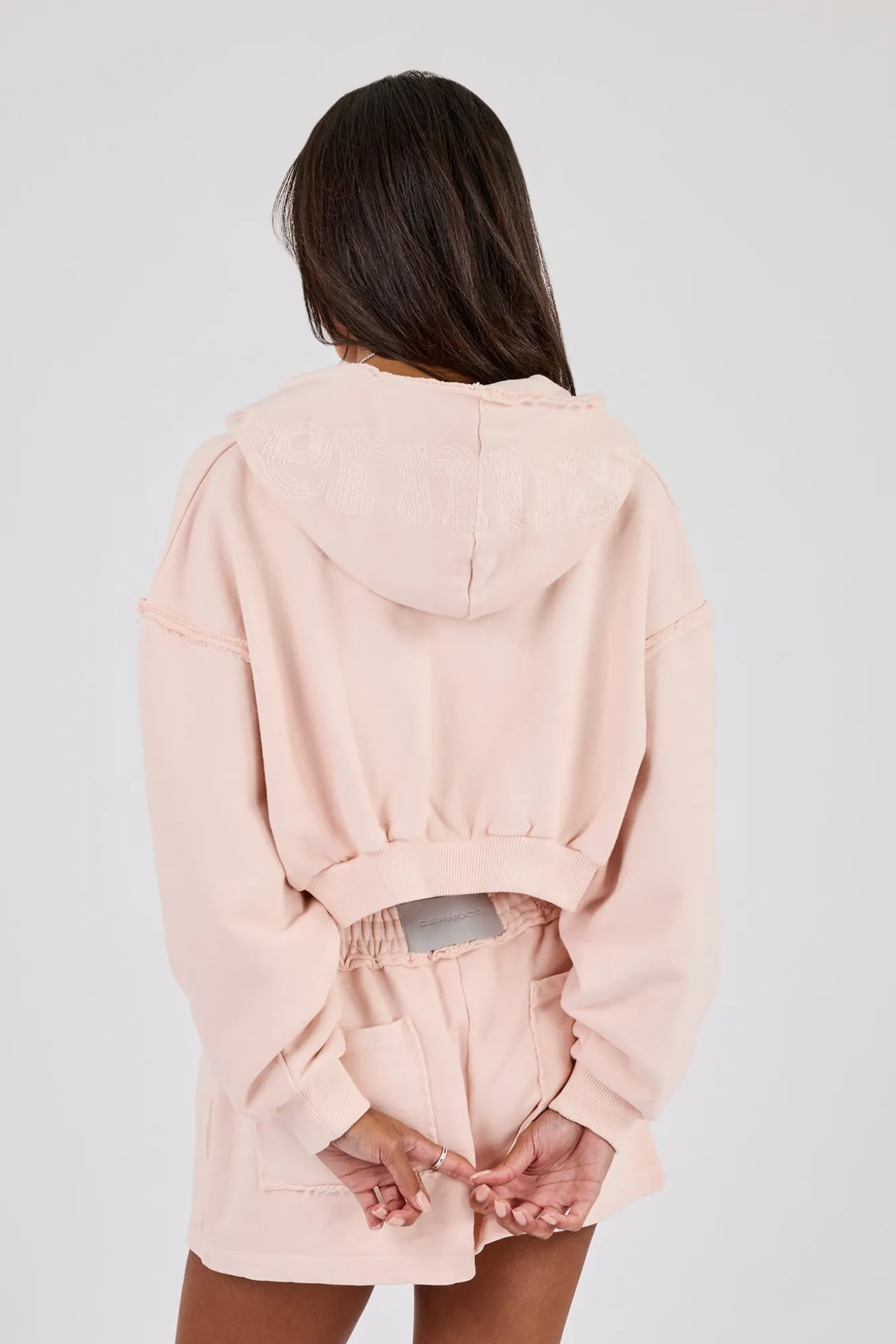 Washed Super Cropped Distressed Hoodie - Dusty Pink