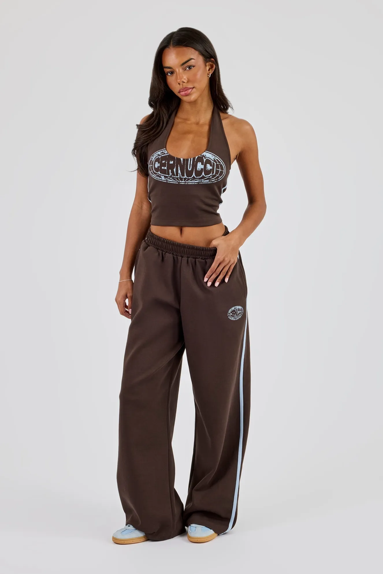 Washed Wide Leg Jogger With Print - Dark Brown
