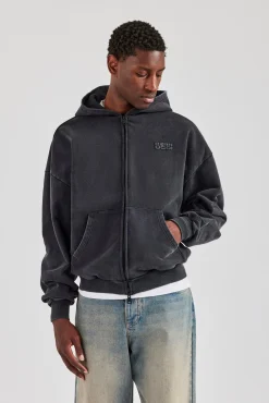 Washed Zip Through Hoodie - Black