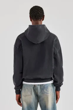 Washed Zip Through Hoodie - Black