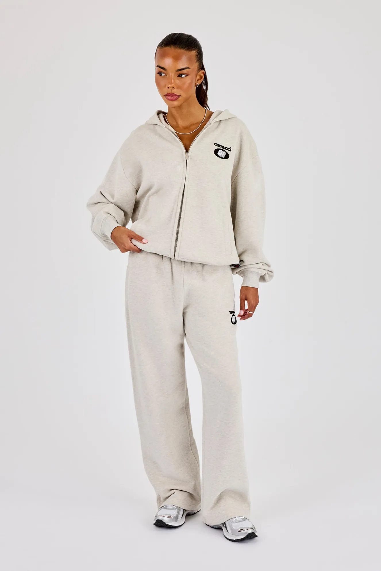 Wide Leg Moto Embroidered Jogger - Ash Grey