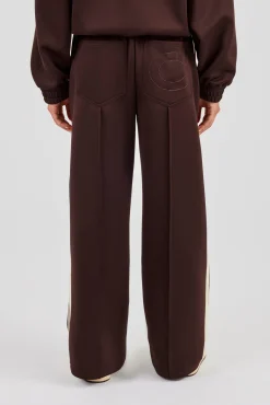 Wide Leg Track Pant With Butter Yellow Taping - Chocolate