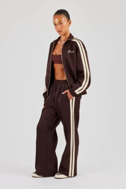 Wide Leg Track Pant With Butter Yellow Taping - Chocolate