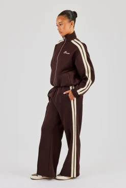 Wide Leg Track Pant With Butter Yellow Taping - Chocolate