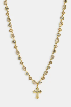 Womens Iced Drop Cross & Motif Multi Gemstone Chain - 6mm - Gold