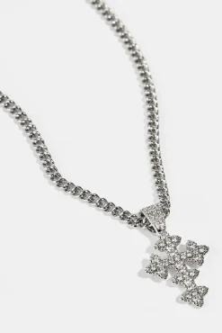 Womens Iced Motif Cross Necklace - 20mm - White