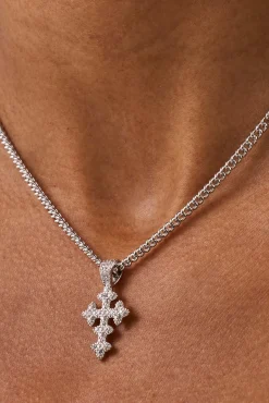 Womens Iced Motif Cross Necklace - 20mm - White