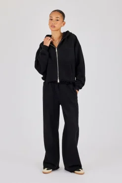Womens Washed Boxy Fit Zip Through Hoodie & Wide Leg Jogger - Black