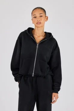 Womens Washed Boxy Fit Zip Through Hoodie - Black