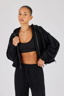 Womens Washed Boxy Fit Zip Through Hoodie - Black