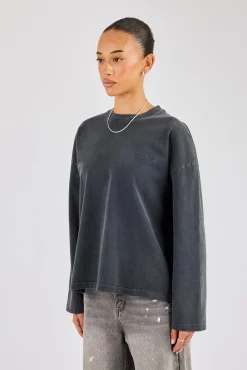 Womens Washed Long Sleeve T-Shirt - Charcoal