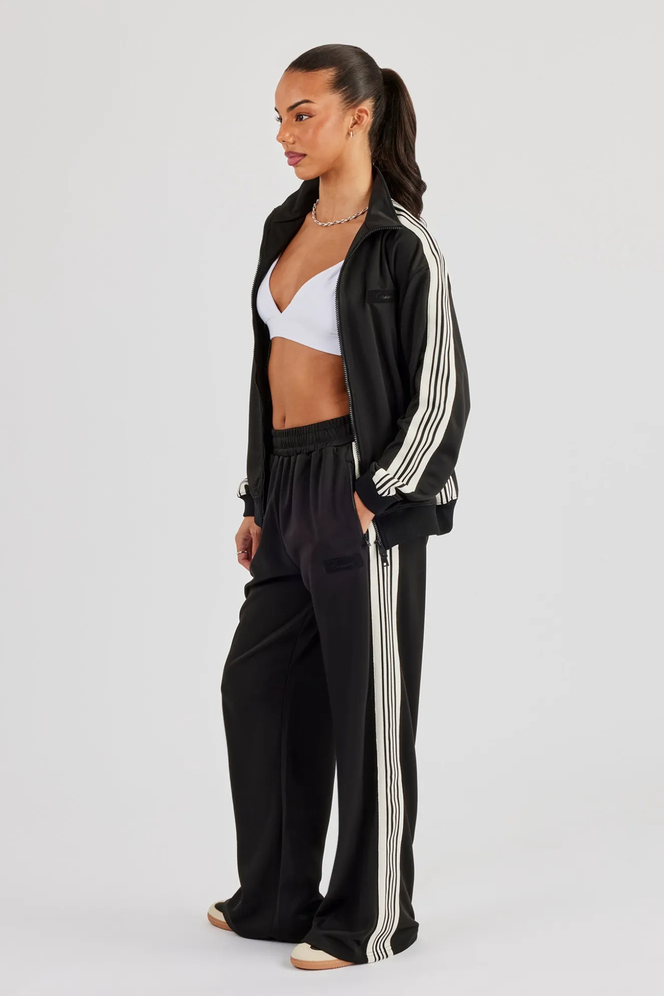 Womens Wide Leg Poly Smooth Taping Track Pant - Black
