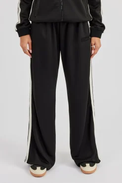 Womens Wide Leg Poly Smooth Taping Track Pant - Black