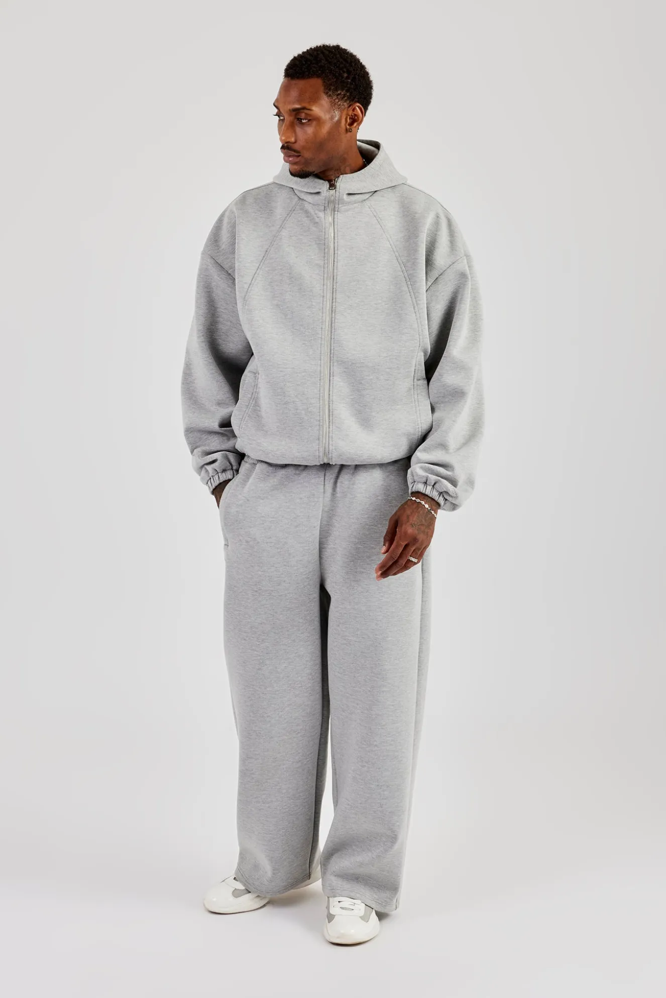 Zip Hooded Panelled Scuba Jacket & Wide Leg Trouser - Grey