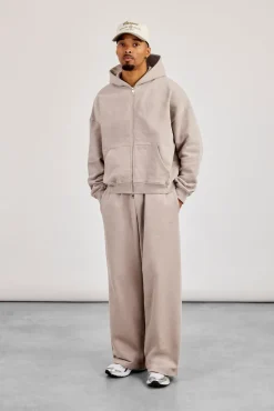 Zip Through Boxy Hoodie & Baggy Fit Jogger - Stone