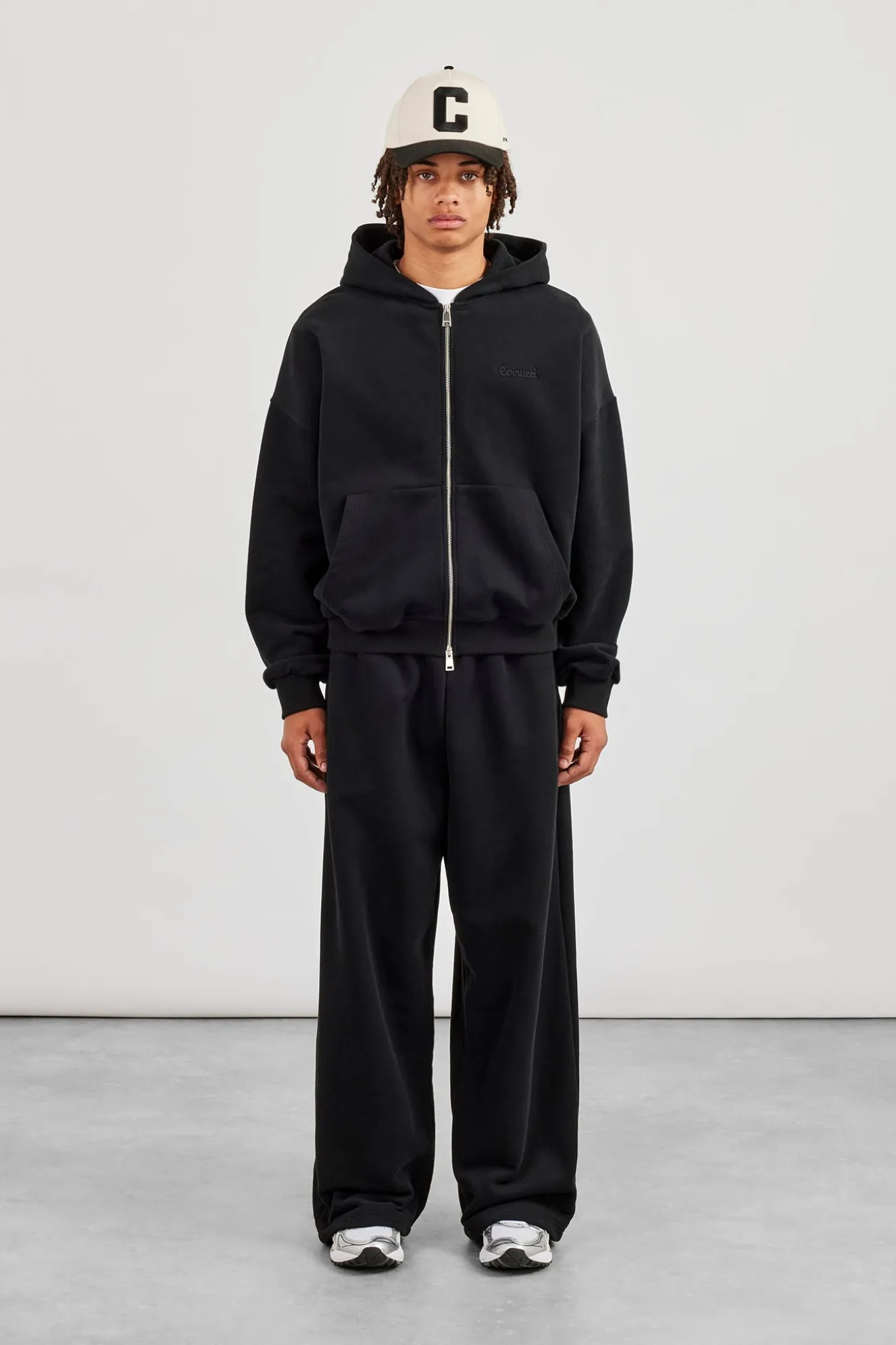 Zip Through Boxy Hoodie & Baggy Fit Jogger - Black