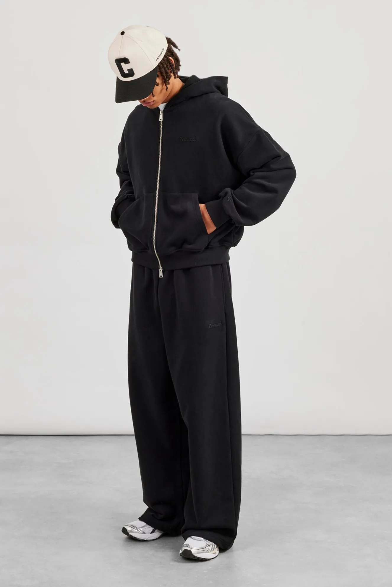 Zip Through Boxy Hoodie & Baggy Fit Jogger - Black