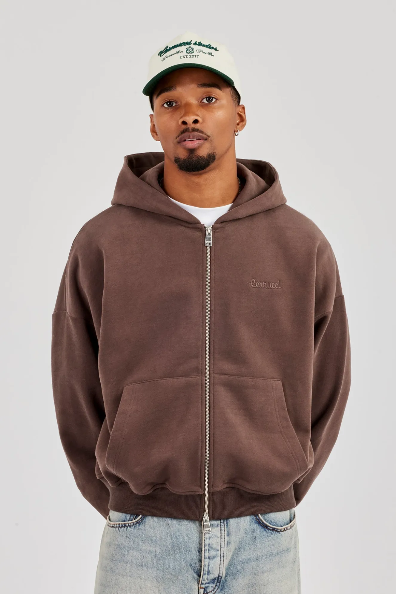 Zip Through Boxy Hoodie - Coffee