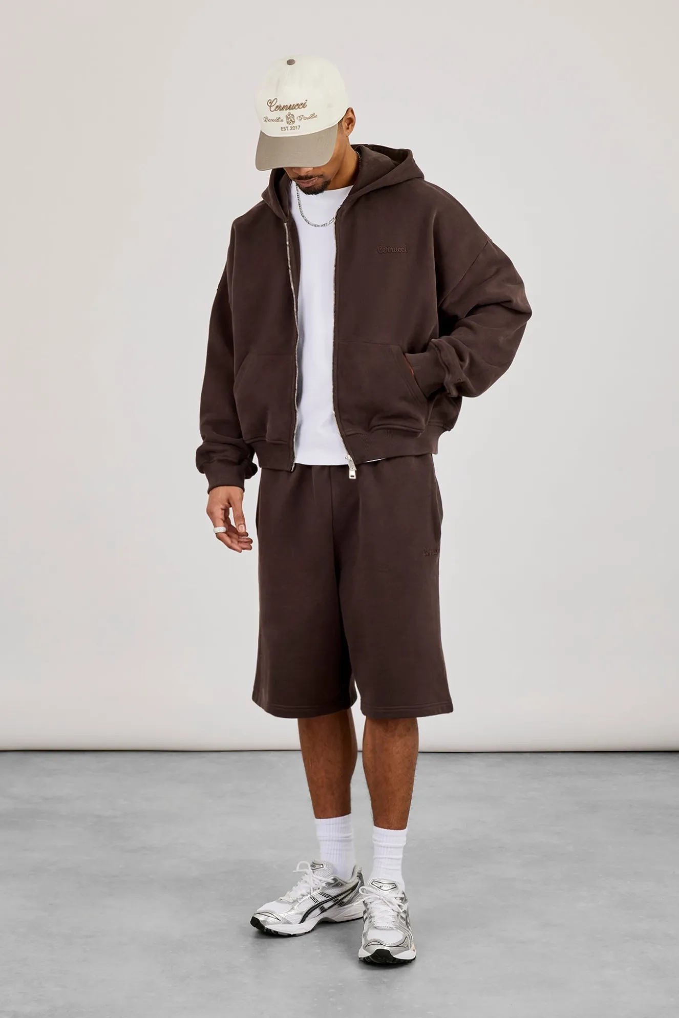 Zip Through Boxy Hoodie & Embroidered Jersey Jort - Coffee