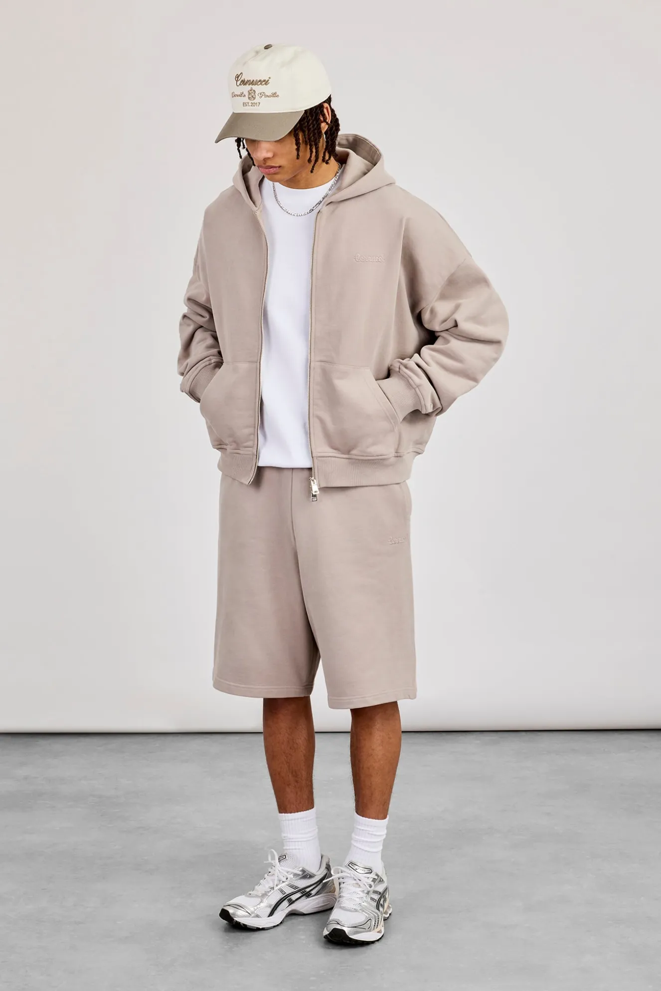 Zip Through Boxy Hoodie & Embroidered Jersey Jort - Stone