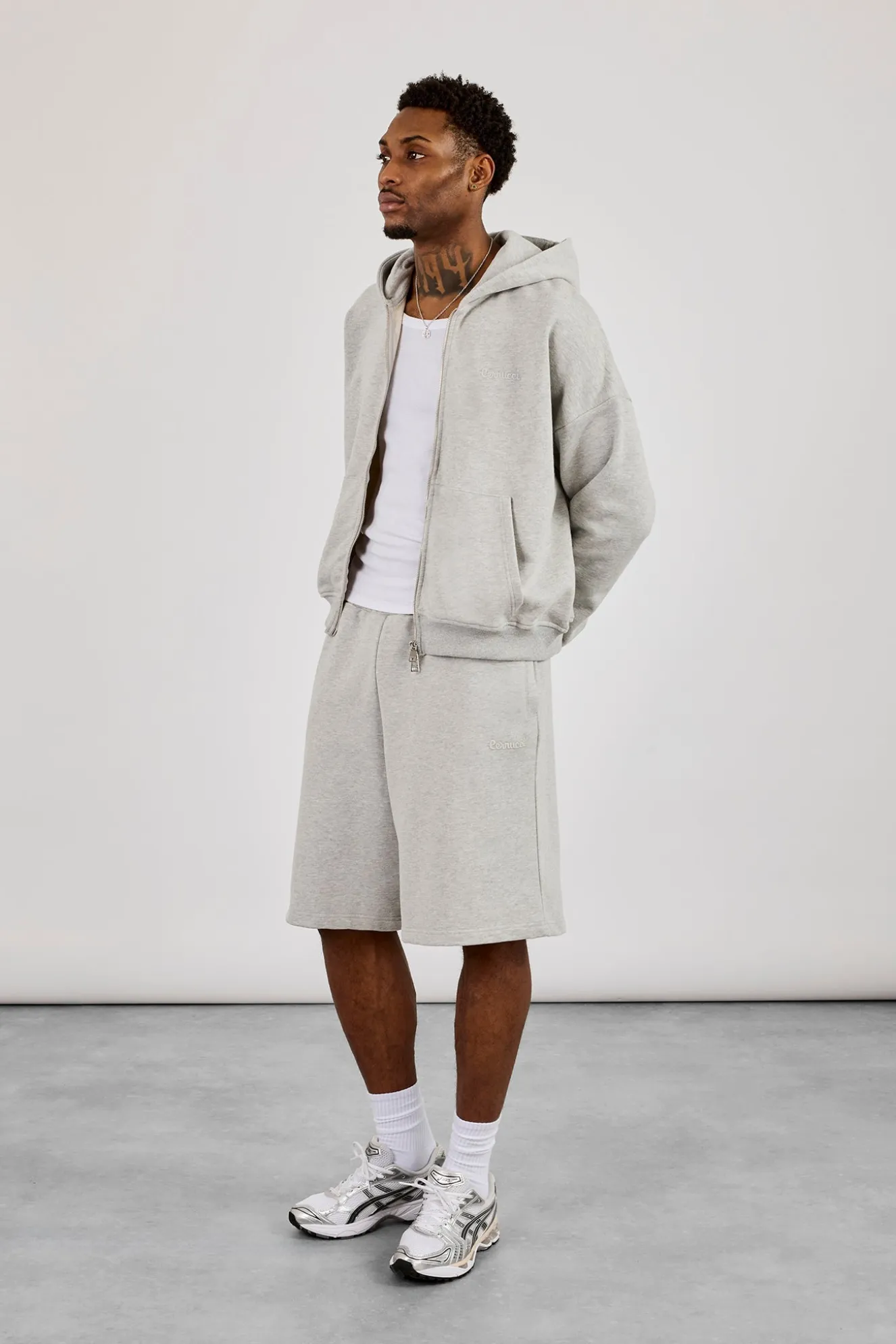 Zip Through Boxy Hoodie & Embroidered Jersey Jort - Grey Marl