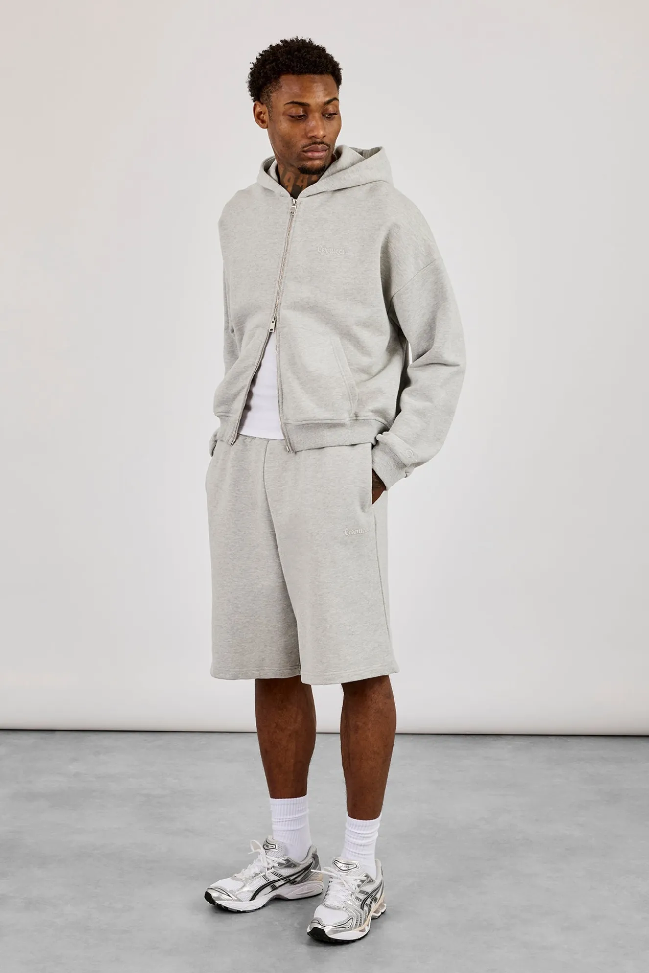 Zip Through Boxy Hoodie & Embroidered Jersey Jort - Grey Marl