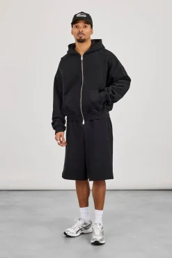 Zip Through Boxy Hoodie & Embroidered Jersey Jort - Black
