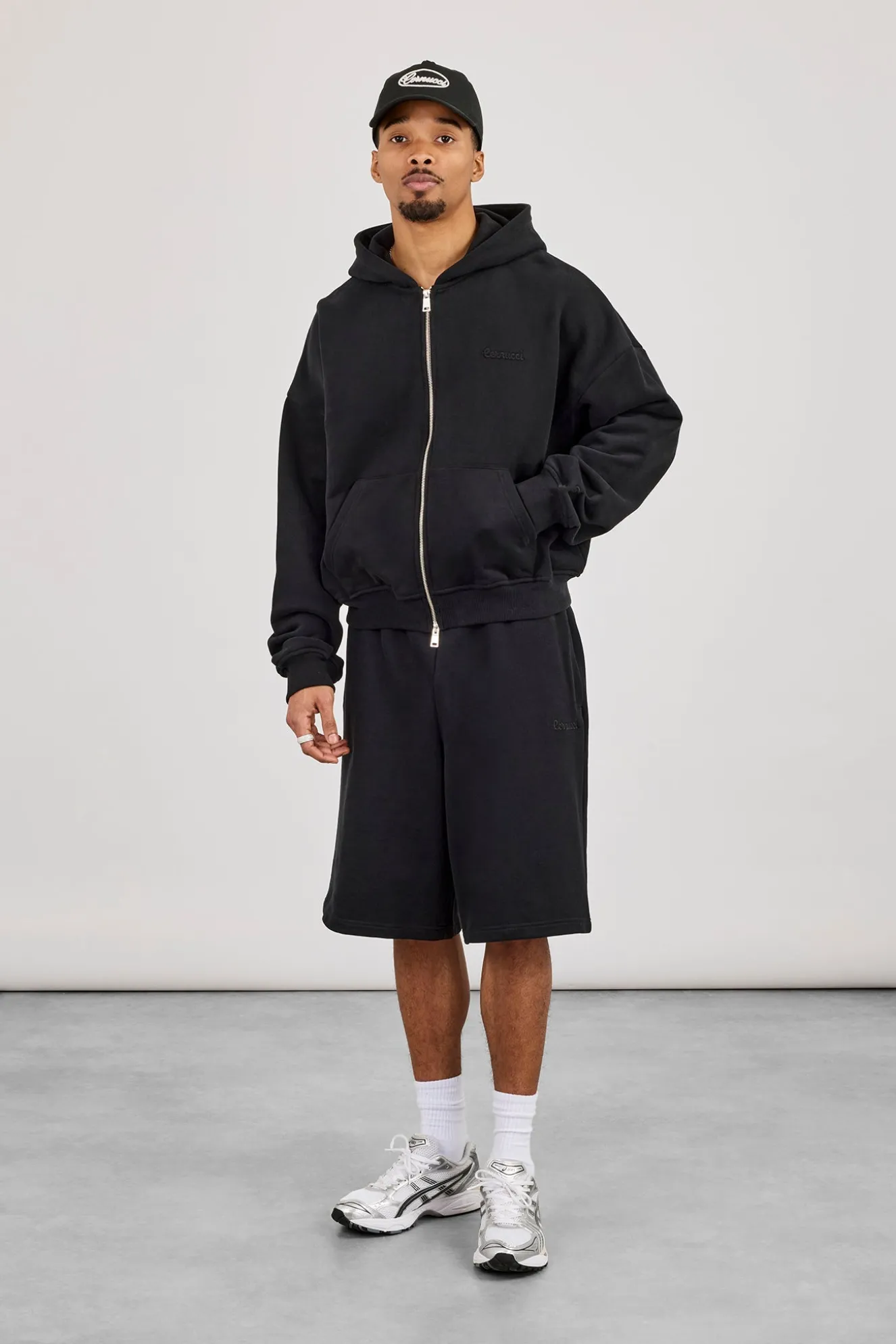 Zip Through Boxy Hoodie & Embroidered Jersey Jort - Black